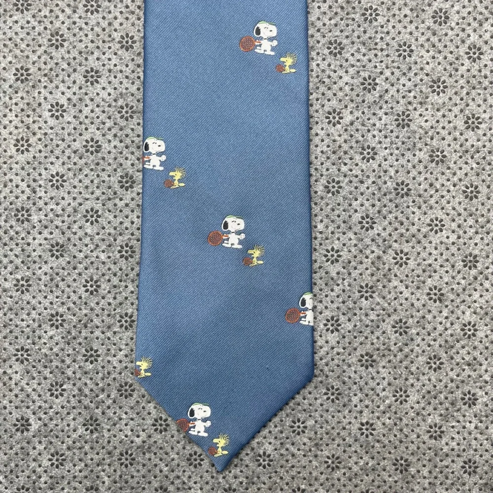 Vintage 70s Resilio Peanuts Snoopy Woodstock Tennis Blue Silk Blend Necktie Tie